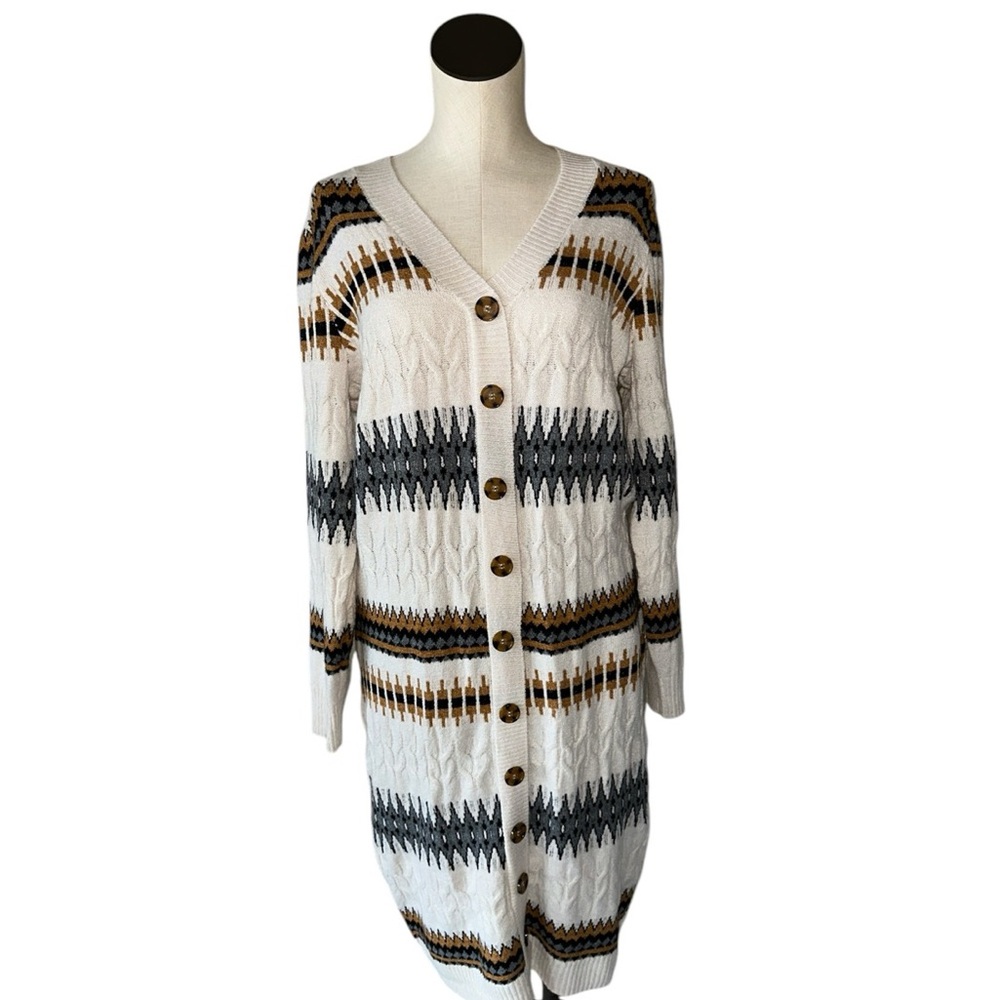 NWT LUCKY BRAND  Geometric Cardigan Sweater Dress In Cream/black /Tan 1X - Picture 3 of 9